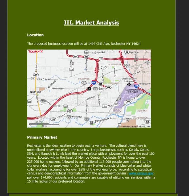 Market analysis sample from a BPlanMaker business plan template with demographic and location data