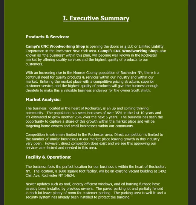 Editable executive summary example from a BPlanMaker business plan used for SBA and investor presentations