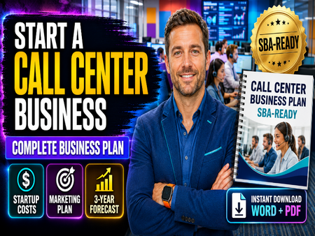 Promotional graphic for a call center business plan, featuring a smiling man in a blue blazer holding a spiral notebook cover that reads 'Call Center Business Plan SBA-Ready.' Large text says 'Start a Call Center Business,' with badges including 'SBA-Ready,' 'Startup Costs,' 'Marketing Plan,' '3-Year Forecast,' and 'Instant Download Word + PDF.