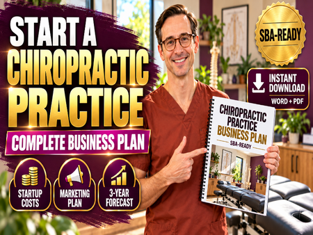 A promotional graphic for a SBA-ready chiropractic practice business plan. A smiling man in a red shirt stands indoors holding a spiral-bound booklet titled 'Chiropractic Practice Business Plan SBA-Ready,' while large text on the left reads 'Start a Chiropractic Practice' and 'Complete Business Plan,' with badges including 'SBA-Ready' and 'Instant Download Word + PDF.