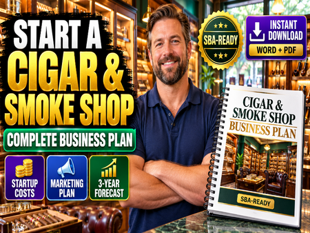 A promotional graphic for a digital business plan titled 'Cigar & Smoke Shop'. A smiling man in a navy polo shirt stands in a cigar shop background, holding up a spiral notebook mockup of the plan.