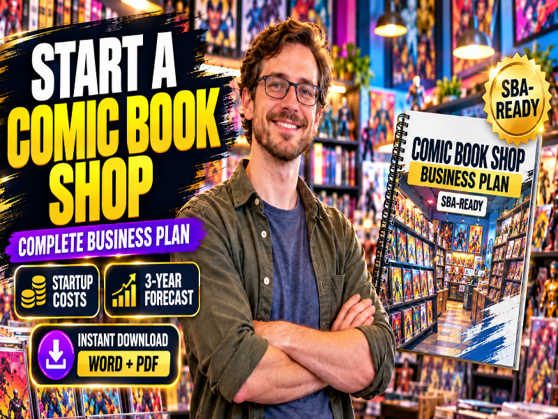 A man with glasses stands in a comic book store holding a spiral-bound business plan booklet titled 'Comic Book Shop Business Plan SBA-Ready.' Large promotional text on the left reads 'Start a Comic Book Shop' with badges for 'Complete Business Plan,' 'Startup Costs,' '3-Year Forecast,' and 'Instant Download Word + PDF.