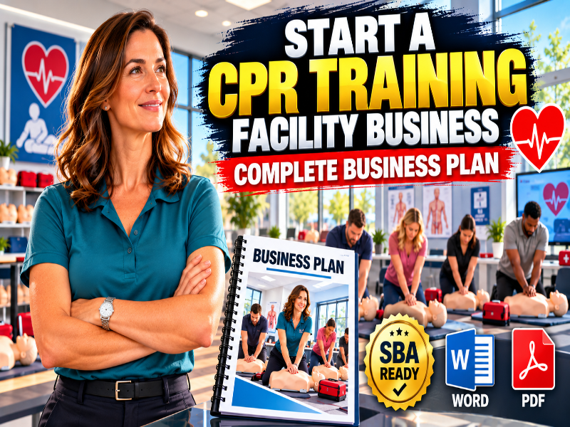 CPR training facility business plan featuring a professional instructor, students practicing CPR on manikins, an SBA-ready business plan, and Word and PDF formats.