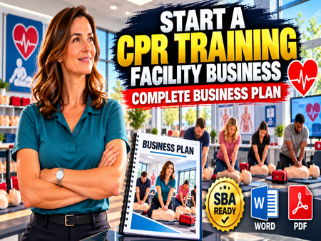 CPR training facility business plan featuring a professional instructor, students practicing CPR on manikins, an SBA-ready business plan, and Word and PDF formats.