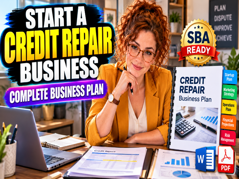Credit Repair Business Plan YouTube thumbnail featuring a female entrepreneur, editable business plan template, SBA-ready format, startup planning, financial projections, and Word and PDF downloads.