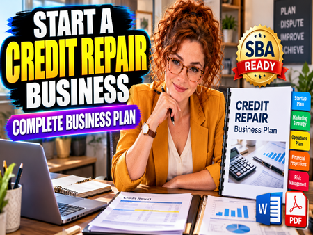 Credit Repair Business Plan YouTube thumbnail featuring a female entrepreneur, editable business plan template, SBA-ready format, startup planning, financial projections, and Word and PDF downloads.