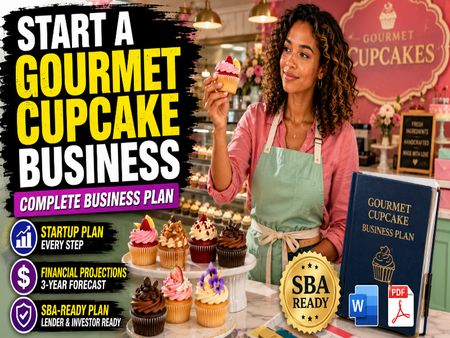 Promotional graphic for a digital business plan titled 'Gourmet Cupcake Business'. The image features a woman in a pink shirt and mint green apron holding a pink frosted cupcake in a cupcake shop.