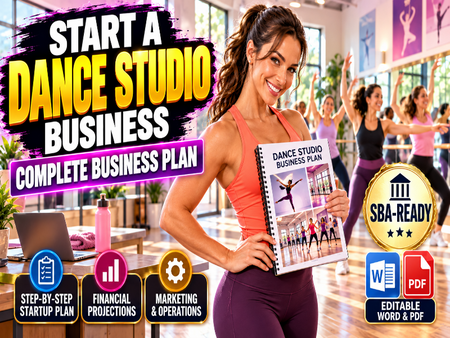 Promotional graphic for a digital dance studio business plan template. A smiling woman in a dance studio holds a spiral notebook titled 'Dance Studio Business Plan'.