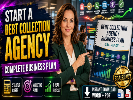 Promotional graphic for a debt collection agency business plan download, featuring a woman in a green blazer pointing to a spiral-bound planner cover that reads 'Debt Collection Agency Business Plan SBA-Ready.' Large text says 'Start a Debt Collection Agency' and includes badges like 'SBA-Ready' and 'Instant Download Word + PDF.