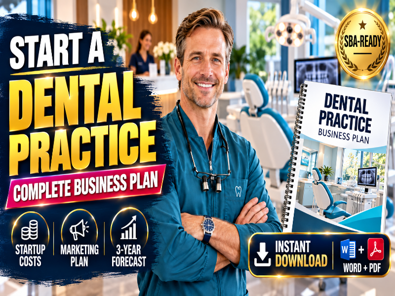 Promotional graphic for a digital business plan titled 'Dental Practice Business Plan'. A smiling man in teal medical scrubs stands in a dental office holding the spiral-bound book cover.