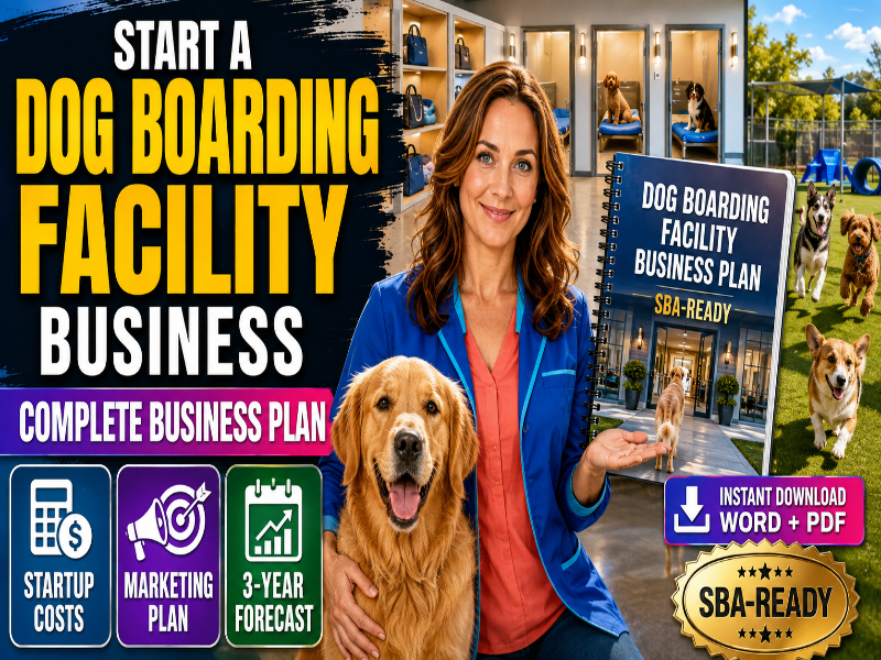 Promotional graphic for a dog boarding facility business plan, featuring a woman holding a spiral-bound business plan next to a golden retriever, with other dogs, storefronts, and bold marketing text including 'Dog Boarding Facility Business', 'Complete Business Plan', and 'SBA-Ready'.
