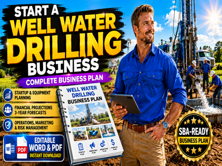 Promotional graphic for a 'Well Water Drilling Business' template bundle, featuring a man in a blue shirt holding a tablet in front of a drilling site, alongside a mockup of the business plan booklet and text highlighting features like startup planning and financial projections.
