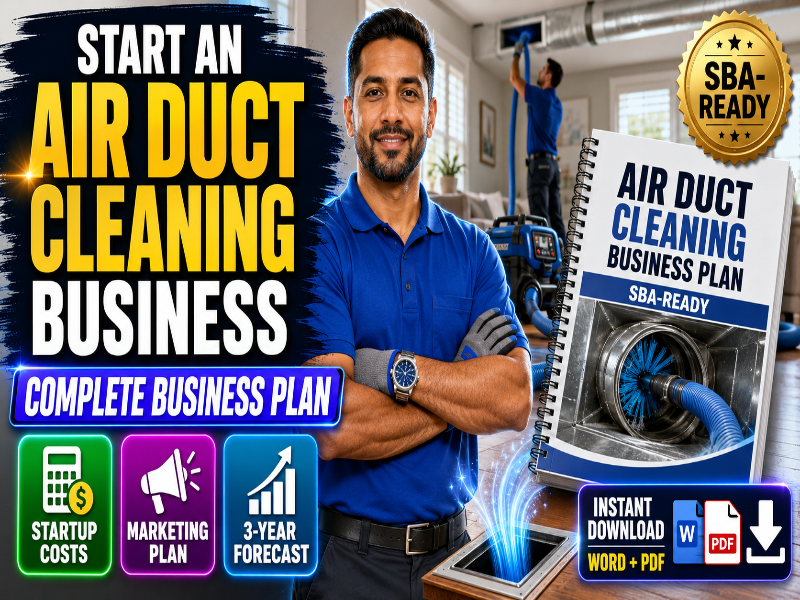 Promotional graphic for an air duct cleaning business plan download, featuring a man in a blue shirt, a spiral-bound business plan booklet labeled 'AIR DUCT CLEANING BUSINESS PLAN SBA-READY,' and several marketing icons. The design includes large text reading 'START AN AIR DUCT CLEANING BUSINESS' and badges such as 'SBA-READY' and 'INSTANT DOWNLOAD WORD + PDF.