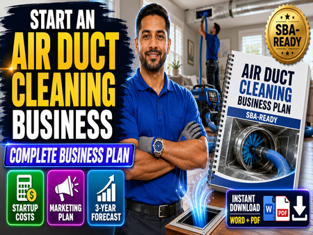 Promotional graphic for an air duct cleaning business plan download, featuring a man in a blue shirt, a spiral-bound business plan booklet labeled 'AIR DUCT CLEANING BUSINESS PLAN SBA-READY,' and several marketing icons. The design includes large text reading 'START AN AIR DUCT CLEANING BUSINESS' and badges such as 'SBA-READY' and 'INSTANT DOWNLOAD WORD + PDF.