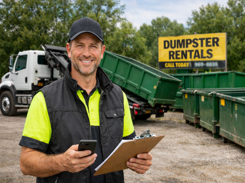 Man holding a phone and clipboard in front of a dumpster rental sign and trucks.