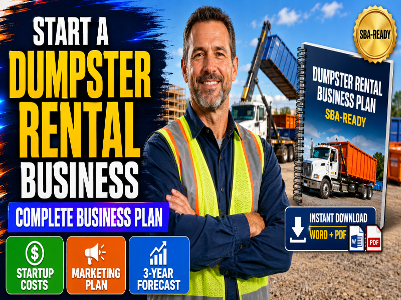 Promotional graphic for a 'Dumpster Rental Business Plan' SBA-ready download. A smiling man in a yellow safety vest stands in front of a construction site background, with a mockup of the spiral-bound business plan booklet on the right.