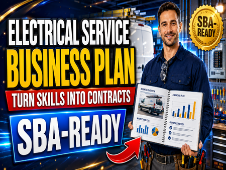 A promotional graphic for an electrical service business plan course or guide, featuring a smiling man in a workshop holding a mock spiral notebook with charts and diagrams. Large text reads 'ELECTRICAL SERVICE BUSINESS PLAN', 'TURN SKILLS INTO CONTRACTS', and 'SBA-READY', with an 'SBA-READY' badge in the top right.