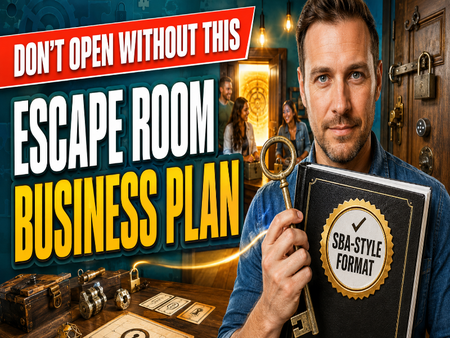 A man in a blue shirt holds a black notebook labeled 'SBA-STYLE FORMAT' with a gold magnifying key. Large promotional text reads 'DON'T OPEN WITHOUT THIS ESCAPE ROOM BUSINESS PLAN' over a themed escape room background with lockers, a chest, and other mystery-solving props.