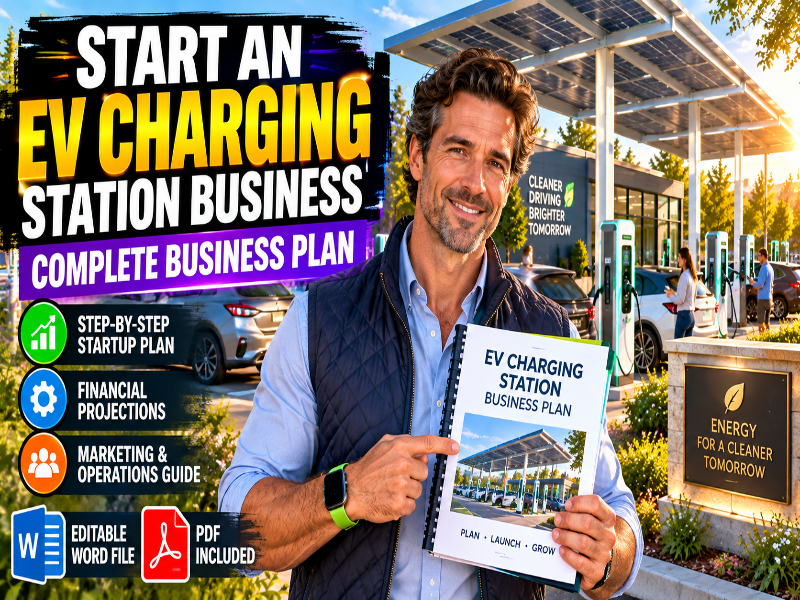 A man stands in front of an EV charging station holding a business plan booklet titled 'EV CHARGING STATION BUSINESS PLAN'. Large promotional text on the left reads 'START AN EV CHARGING STATION BUSINESS' and lists included features like step-by-step startup plan, financial projections, marketing guide, and editable Word/Google Docs with PDF included.