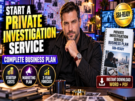 A promotional graphic for a private investigation service and business plan download, featuring a man in a dark jacket seated at a desk with files and screens in the background. Large text reads 'START A PRIVATE INVESTIGATION SERVICE' and 'COMPLETE BUSINESS PLAN,' with badges including 'SBA-READY' and 'INSTANT DOWNLOAD WORD + PDF.