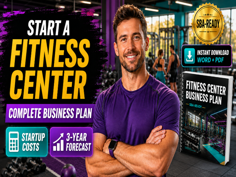 Promotional graphic for a fitness center business plan download, featuring a smiling man in a purple shirt in a gym, large text reading 'START A FITNESS CENTER,' a gold 'SBA-READY' badge, and a mockup of the business plan booklet.