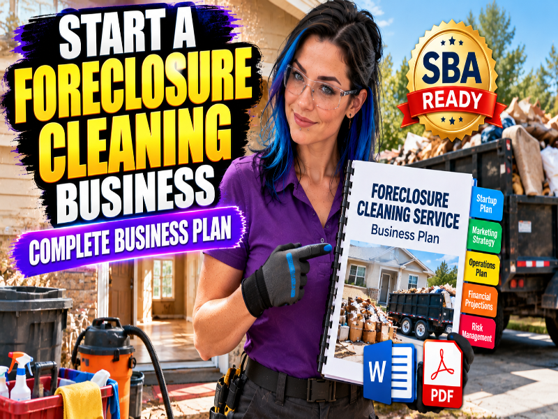 Foreclosure Cleaning Service Business Plan featuring a female business owner, property cleanout equipment, debris trailer, SBA-ready business plan template, and editable Word and PDF formats.