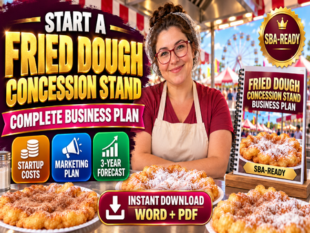 Promotional graphic for a 'Fried Dough Concession Stand' business plan download, featuring a smiling woman in an apron behind a food stand, with large text reading 'START A FRIED DOUGH CONCESSION STAND' and icons for startup costs, marketing plan, and 3-year forecast.