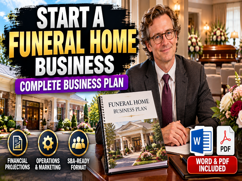 Funeral home business plan template in Word and PDF, with an owner displaying the plan inside a funeral home.