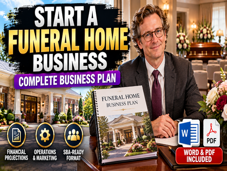 Funeral home business plan template in Word and PDF, with an owner displaying the plan inside a funeral home.
