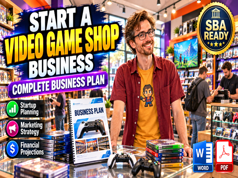 A promotional graphic for a video game shop business plan, featuring a man in a video game store standing behind a counter with game discs and a business plan booklet. Large text reads 'START A VIDEO GAME SHOP BUSINESS COMPLETE BUSINESS PLAN,' with an 'SBA READY' badge and file format icons for Word, Excel, and PDF.
