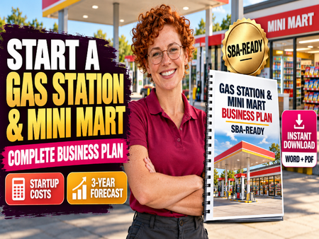 A promotional graphic for a business plan titled 'Gas Station & Mini Mart Business Plan SBA-Ready'. A smiling woman with curly red hair and glasses stands in front of a gas station and mini mart storefront, holding a spiral-bound booklet showing the cover.