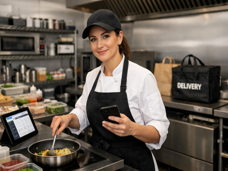 Woman in a kitchen wearing an apron and holding a smartphone, with a 'DELIVERY' bag in the background.