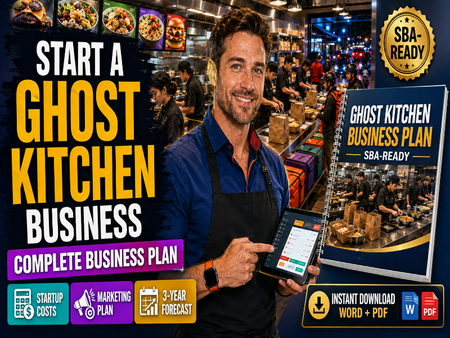 Promotional graphic for a ghost kitchen business plan, featuring a smiling man in a kitchen holding a tablet and a spiral-bound business plan booklet. Large text reads 'START A GHOST KITCHEN BUSINESS' with supporting callouts like 'Complete Business Plan,' 'SBA-Ready,' 'Instant Download Word + PDF,' and icons for startup costs, marketing plan, and 3-year forecast.