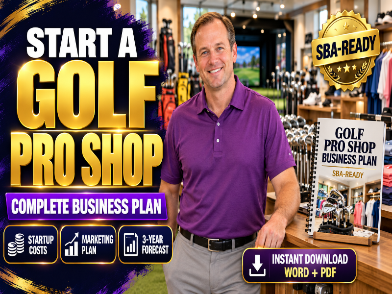 A promotional graphic for a golf pro shop business plan download, featuring a smiling man in a purple polo shirt standing in a retail store interior. Large text reads 'START A GOLF PRO SHOP' with 'COMPLETE BUSINESS PLAN,' a gold 'SBA-READY' badge, and a spiral-bound booklet titled 'GOLF PRO SHOP BUSINESS PLAN.