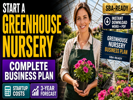 Promotional graphic for a 'Greenhouse Nursery Business Plan' download. The left side features bold yellow and white text reading 'START A GREENHOUSE NURSERY' and 'COMPLETE BUSINESS PLAN' over a dark background.