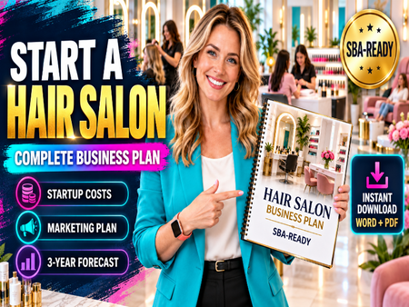 A promotional graphic for a digital hair salon business plan. A smiling woman in a teal blazer holds up a spiral notebook mockup titled 'Hair Salon Business Plan'.