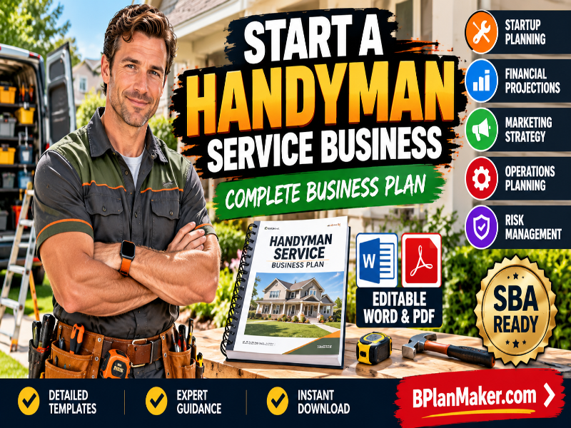 Promotional graphic for a handyman service business complete business plan PDF. A smiling man in a work shirt and tool belt stands outdoors next to a table with a mockup of the business plan booklet, a laptop, and various tools.