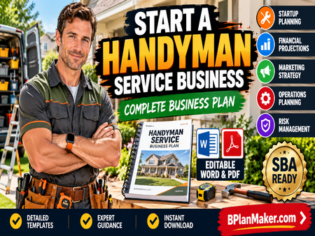 Promotional graphic for a handyman service business complete business plan PDF. A smiling man in a work shirt and tool belt stands outdoors next to a table with a mockup of the business plan booklet, a laptop, and various tools.