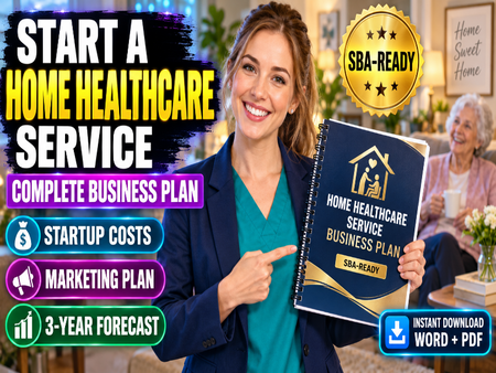 A promotional graphic for a home healthcare service business plan PDF. A smiling woman in a navy blazer and teal top holds up a navy spiral-bound booklet labeled 'Home Healthcare Service Business Plan SBA-Ready'.