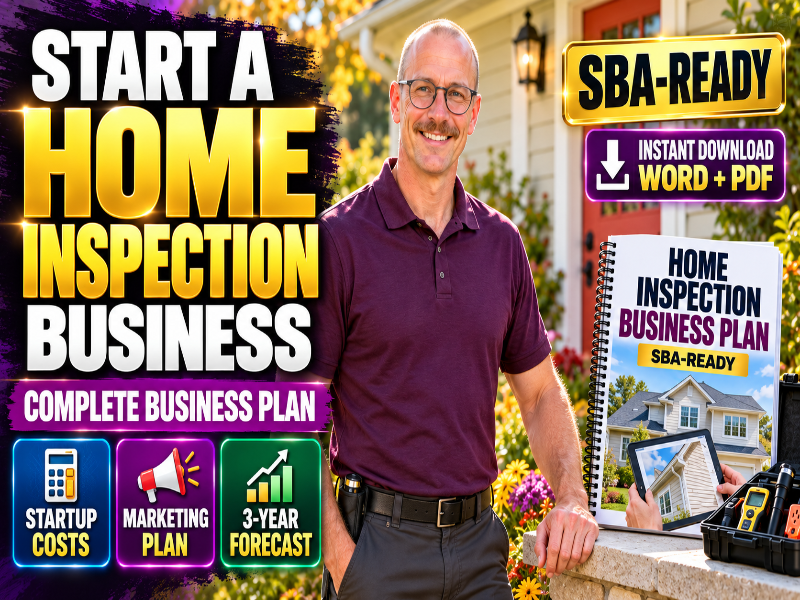 A promotional graphic for a home inspection business plan. A smiling man in a purple polo shirt stands outdoors in front of a house, with a large book titled 'Home Inspection Business Plan SBA-Ready' displayed beside him.