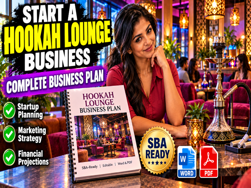Promotional graphic for a hookah lounge business plan, featuring a woman in a lounge setting next to a large hookah, with text reading 'Start a Hookah Lounge Business' and a book cover titled 'Hookah Lounge Business Plan.'.