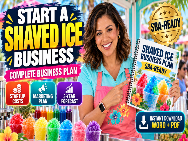 A promotional graphic for a 'Shaved Ice Business Plan' download. A smiling woman in a turquoise shirt and pink apron holds up a spiral notebook mockup titled 'Shaved Ice Business Plan SBA-READY'.