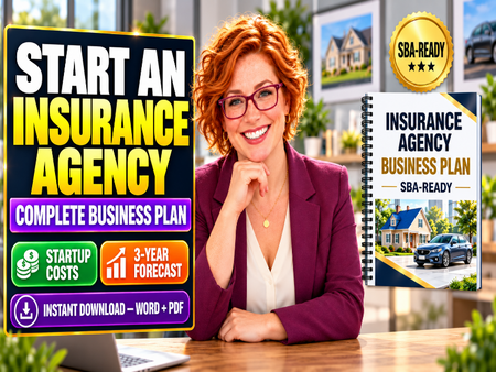 Insurance agency business plan template featuring a smiling female agency owner, SBA-ready format, startup costs, 3-year financial forecast, and instant Word and PDF download.