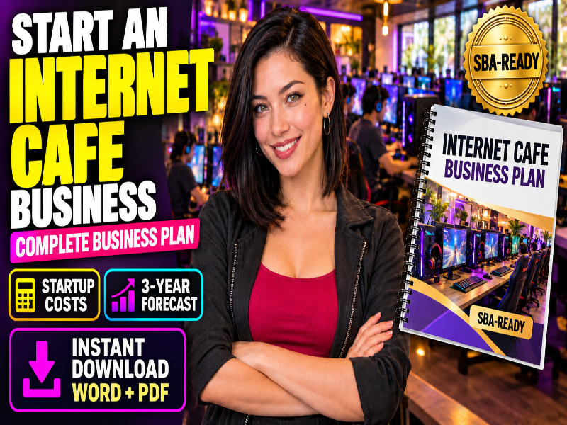 Promotional graphic for an internet cafe business plan ebook, featuring a smiling woman in a cafe setting with text overlays reading 'START AN INTERNET CAFE BUSINESS' and a mockup of the 'INTERNET CAFE BUSINESS PLAN' booklet.