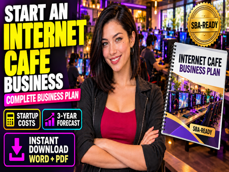 Promotional graphic for an internet cafe business plan ebook, featuring a smiling woman in a cafe setting with text overlays reading 'START AN INTERNET CAFE BUSINESS' and a mockup of the 'INTERNET CAFE BUSINESS PLAN' booklet.