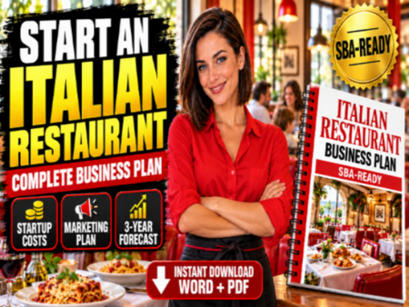 Promotional graphic for a digital business plan titled 'Italian Restaurant Business Plan SBA-Ready'. A smiling woman in a red shirt stands in a restaurant setting, next to a mock spiral-bound book cover showing the plan.