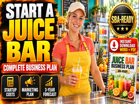 A promotional graphic for a juice bar business plan, featuring a smiling woman in a cafe setting holding an orange drink. Large text reads 'START A JUICE BAR' and 'COMPLETE BUSINESS PLAN,' with a spiral-bound 'Juice Bar Business Plan' booklet shown in the foreground.