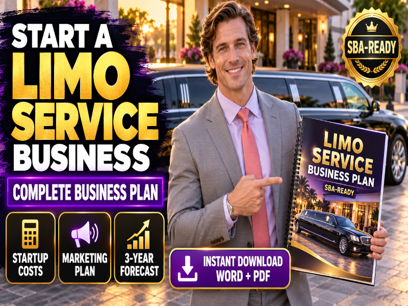 A man in a gray suit and pink tie stands in front of a limo dealership holding a book titled 'Limo Service Business Plan SBA-Ready'. The image is a promotional graphic with text overlays reading 'Start a Limo Service Business' and 'Complete Business Plan'.