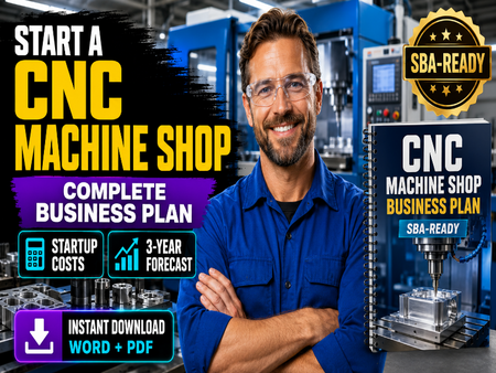 Promotional graphic for a 'CNC Machine Shop' business plan download, featuring a smiling man in a blue work shirt in front of industrial CNC machinery. The graphic includes text overlays such as 'START A CNC MACHINE SHOP', 'COMPLETE BUSINESS PLAN', and a 'CNC MACHINE SHOP BUSINESS PLAN SBA-READY' cover mockup.