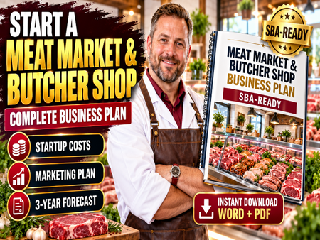 Promotional graphic for a 'Meat Market & Butcher Shop Business Plan' SBA-ready instant download Word + PDF. The image features a smiling man in a butcher apron standing in a butcher shop, next to a mockup of the spiral-bound business plan booklet.